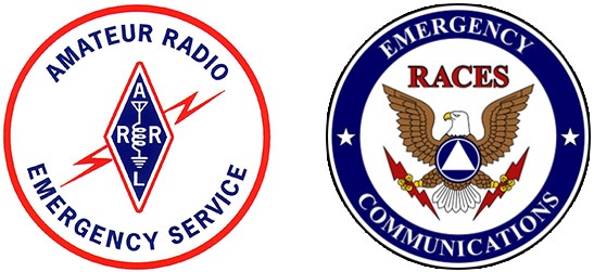 logos for amateur radio emergency services, white circle with red border with lighting bolt in the middle